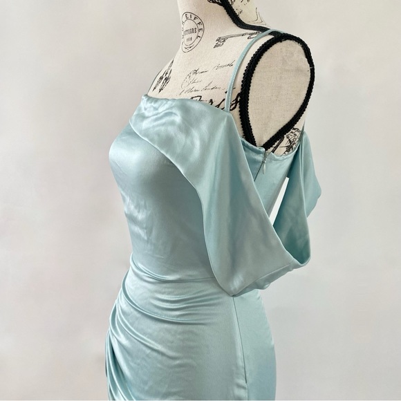 NWT Missguided Satin One Shoulder Asymmetric Ruched Side Midi Dress Blue 2 - Picture 5 of 16